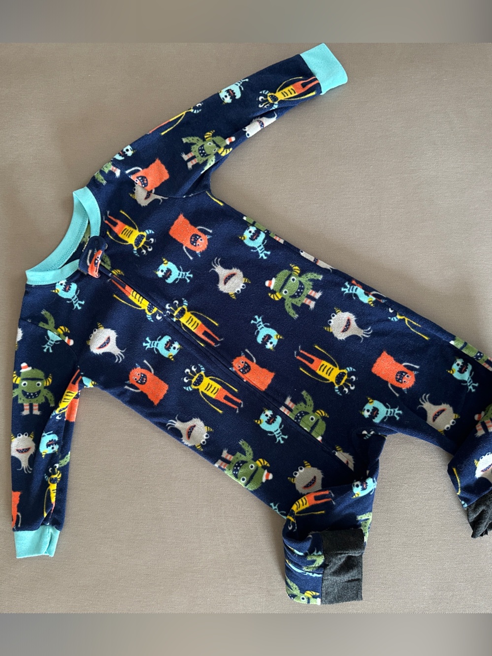 Carter's Navy Monster Print Zipper Footed One-Piece with Aqua Trim 24months